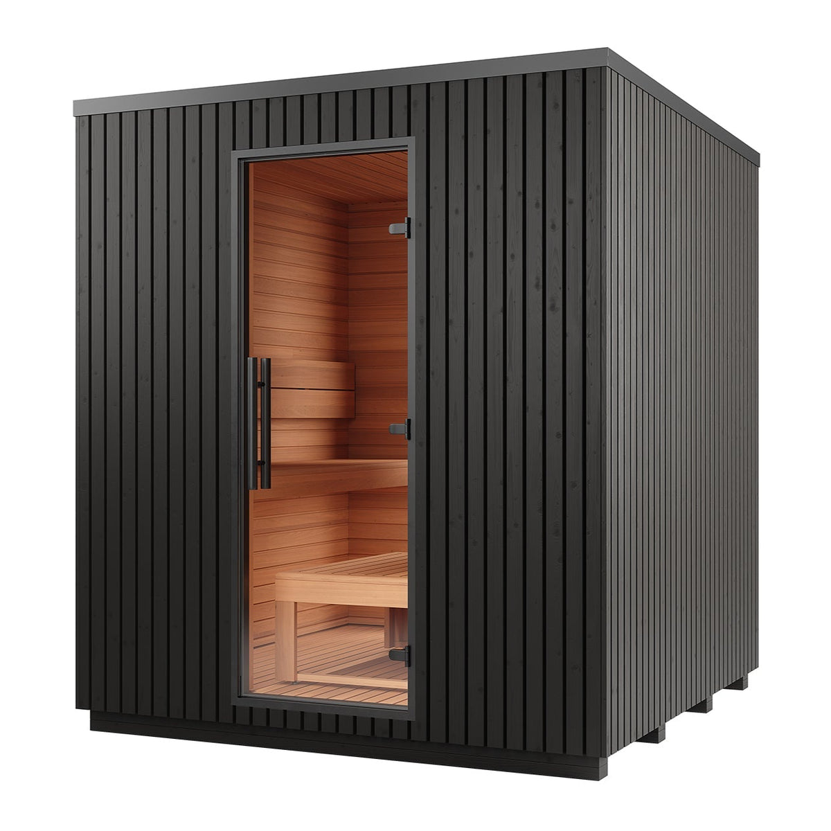 Auroom Sauna Opposite Bench Layout (Rear Window) / Thermo-Pine Painted Black Auroom Garda Outdoor Cabin Sauna
