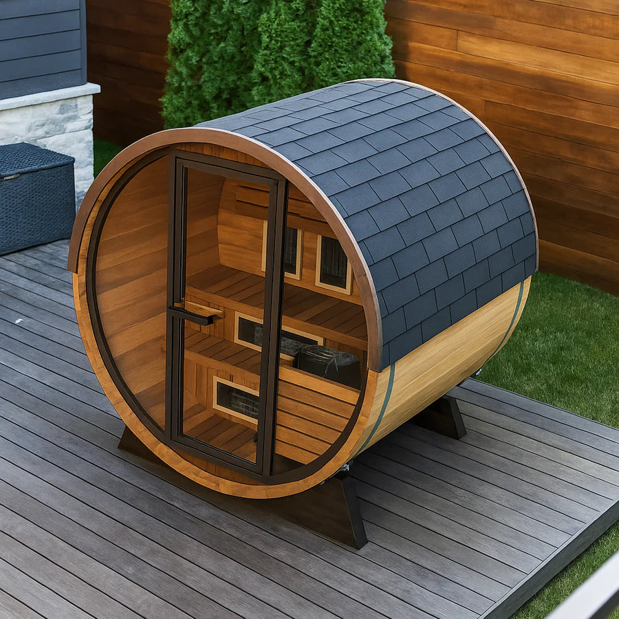 Finnmark Saunas Sauna Finnmark FD-6 Outdoor Hybrid Infrared and Traditional 4-Person Cedar Barrel Sauna