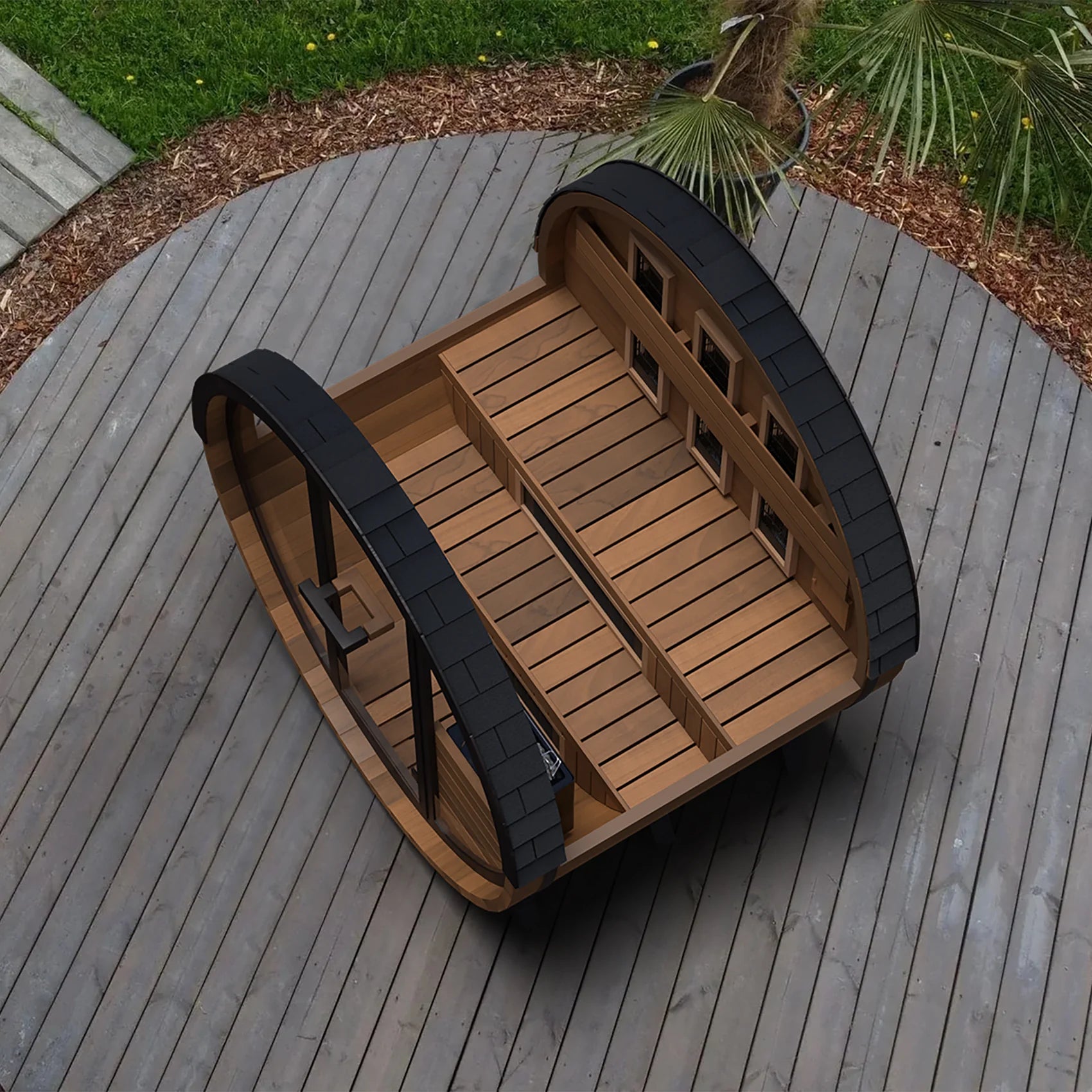 Finnmark Saunas Sauna Finnmark FD-6 Outdoor Hybrid Infrared and Traditional 4-Person Cedar Barrel Sauna