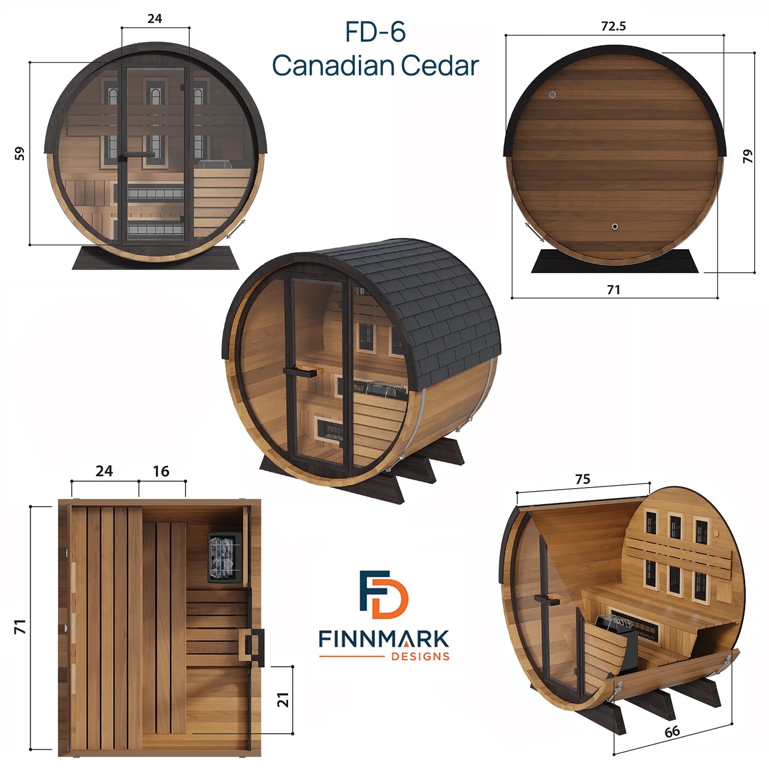 Finnmark Saunas Sauna Finnmark FD-6 Outdoor Hybrid Infrared and Traditional 4-Person Cedar Barrel Sauna