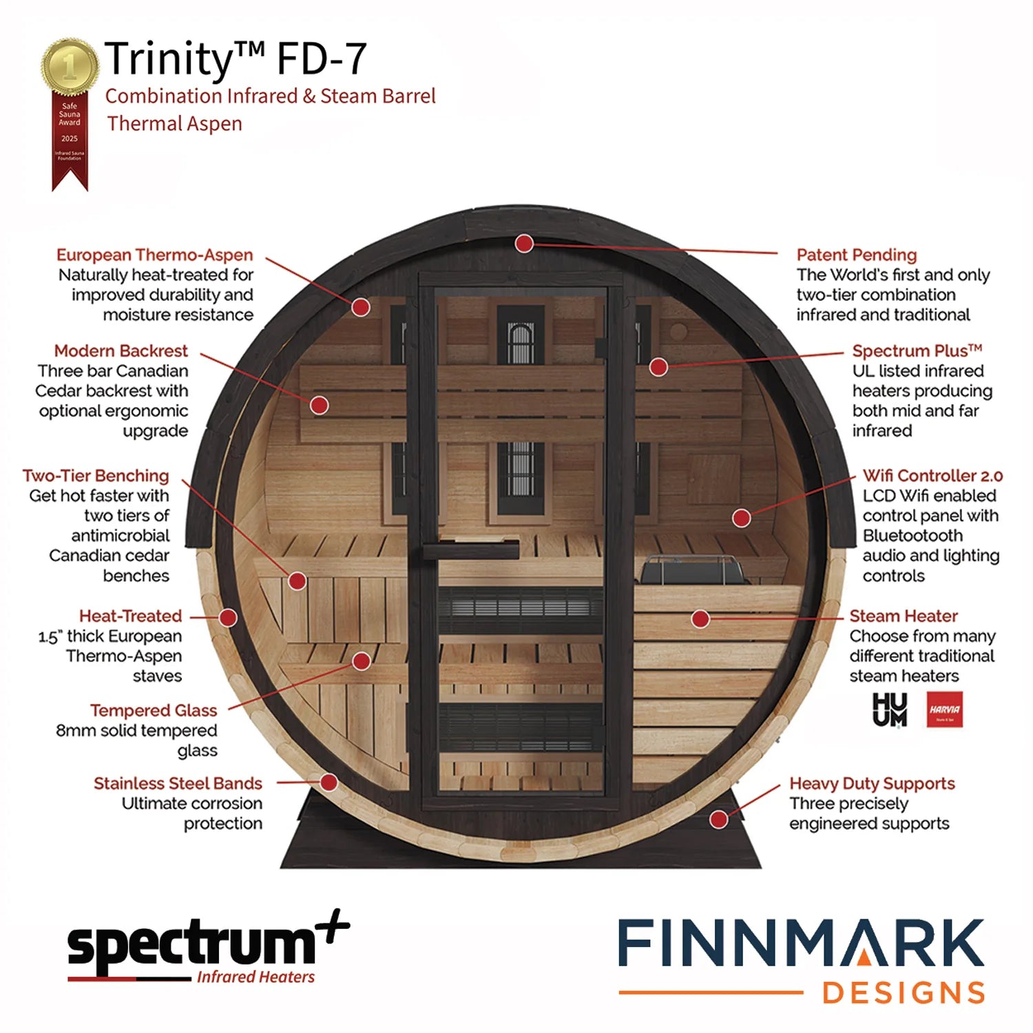 Finnmark Saunas Sauna Finnmark FD-7 Outdoor Hybrid Infrared and Traditional 4-Person Thermo-Aspen Barrel Sauna