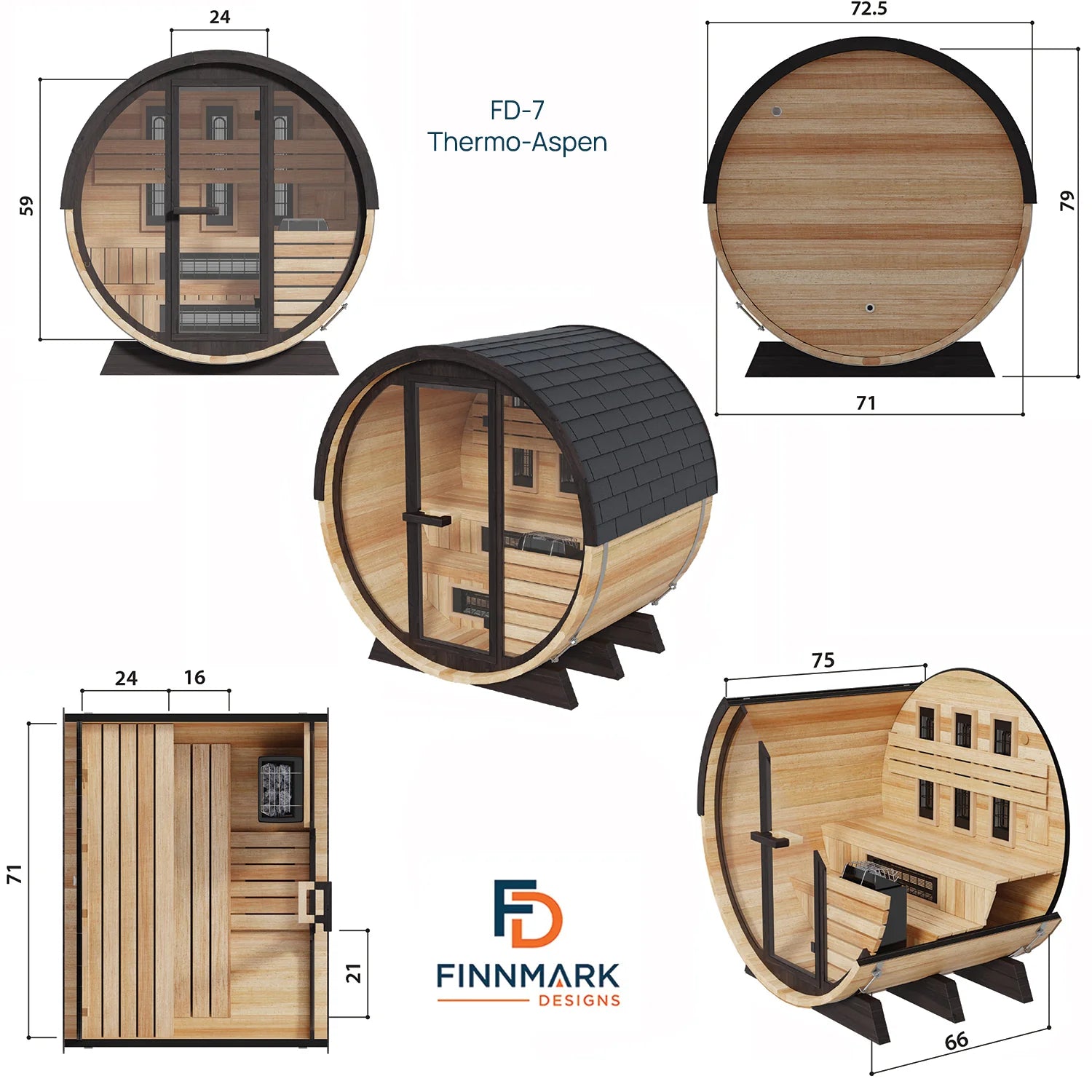 Finnmark Saunas Sauna Finnmark FD-7 Outdoor Hybrid Infrared and Traditional 4-Person Thermo-Aspen Barrel Sauna