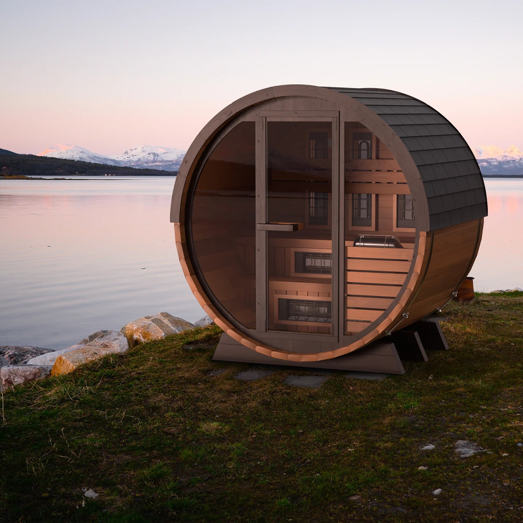 Finnmark Saunas Sauna Finnmark FD-7 Outdoor Hybrid Infrared and Traditional 4-Person Thermo-Aspen Barrel Sauna