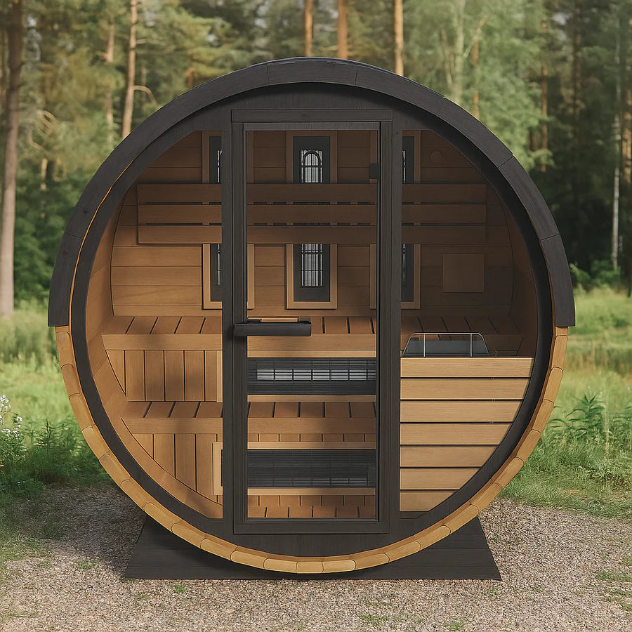 Finnmark Saunas Sauna Finnmark FD-7 Outdoor Hybrid Infrared and Traditional 4-Person Thermo-Aspen Barrel Sauna