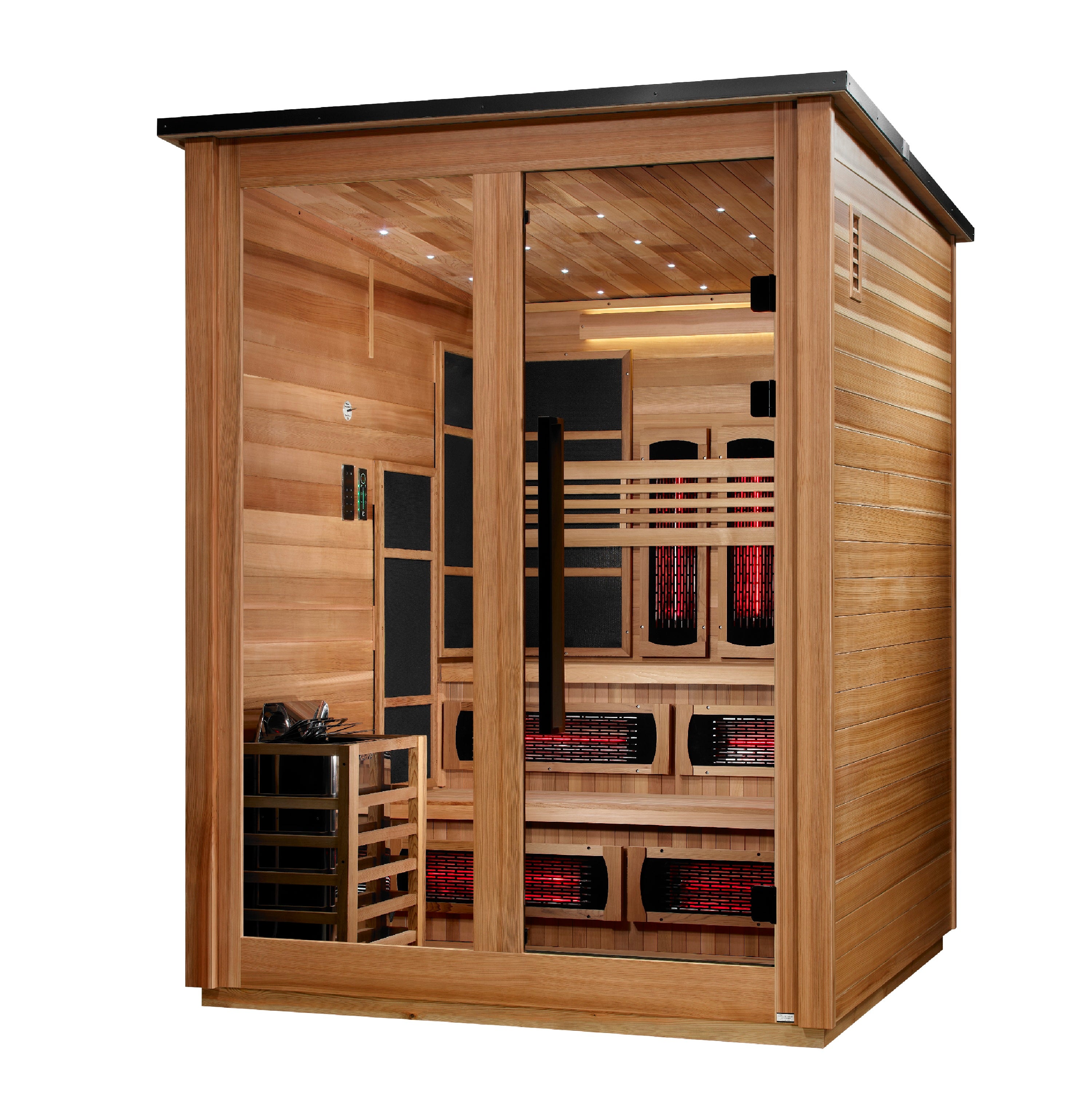 Golden Designs Sauna Harvia 8kW Heater w/ Built in Controls / Flat Roof - Pacific Cedar Golden Designs Kaskinen 6 Person Hybrid Outdoor Sauna GDI-8526-01
