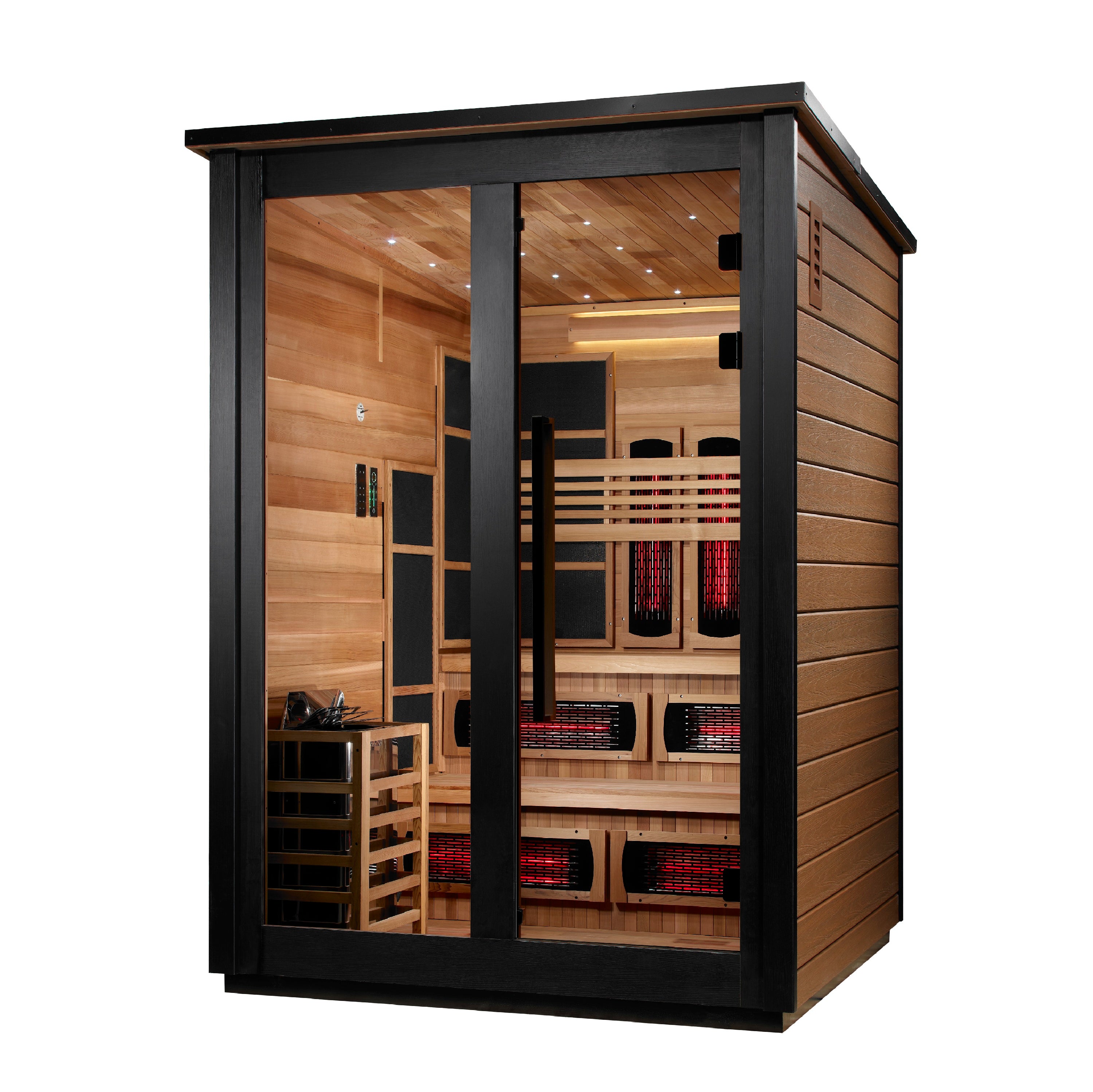Golden Designs Sauna Harvia 8kW Heater w/ Built in Controls / Flat Roof - Two-Tone Golden Designs Kaskinen 6 Person Hybrid Outdoor Sauna GDI-8526-01