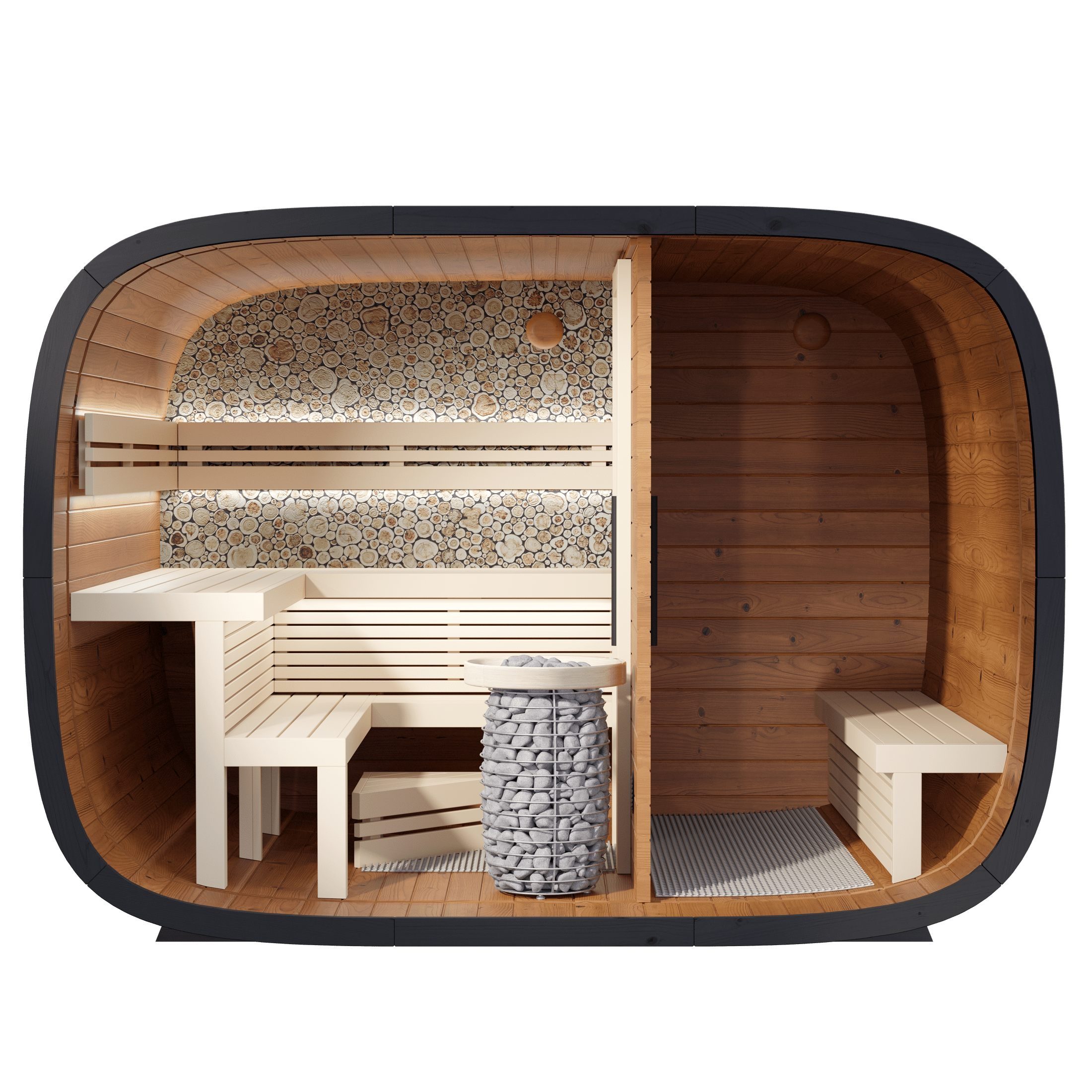 Leil Saunas Sauna 94.4” (2.4m) / Handcrafted Estonian Juniper Back Wall Leil Round Cube Double Outdoor Sauna with Changing Room 5-6 Person