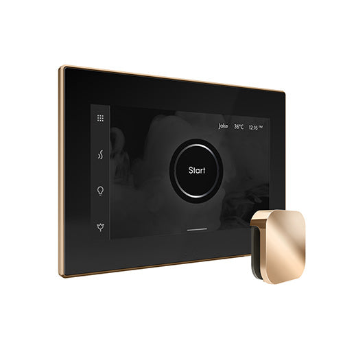 Mr. Steam Black Fascia / Polished Gold Mr. Steam iSteamX Steam Shower Control and Aroma Glass SteamHead