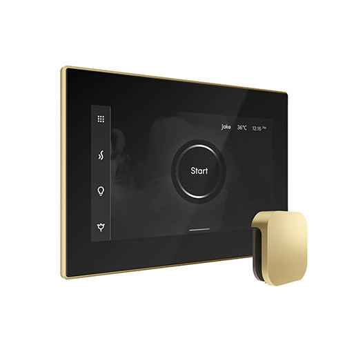 Mr. Steam Black Fascia / Satin Brass Mr. Steam iSteamX Steam Shower Control and Aroma Glass SteamHead