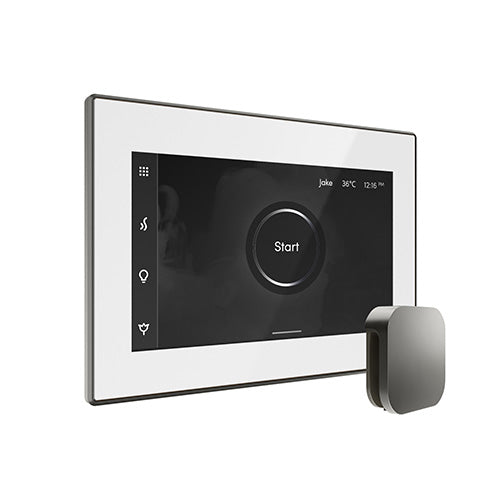 Mr. Steam White Fascia / Satin Steel Mr. Steam iSteamX Steam Shower Control and Aroma Glass SteamHead
