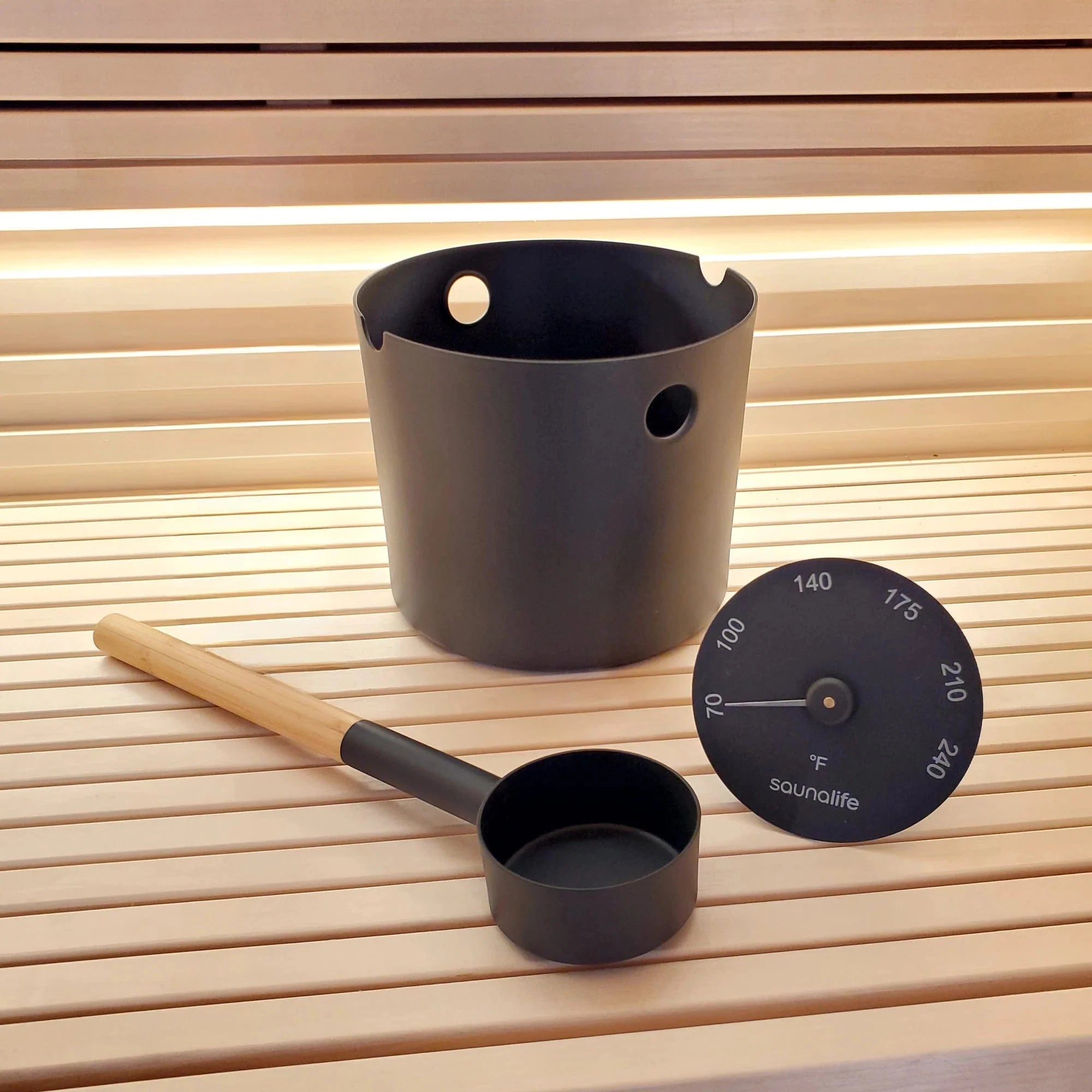SaunaLife Black SaunaLife Accessory Package 6, Aluminum 1-Gallon Sauna Bucket Set with Wood Ladle and Thermometer