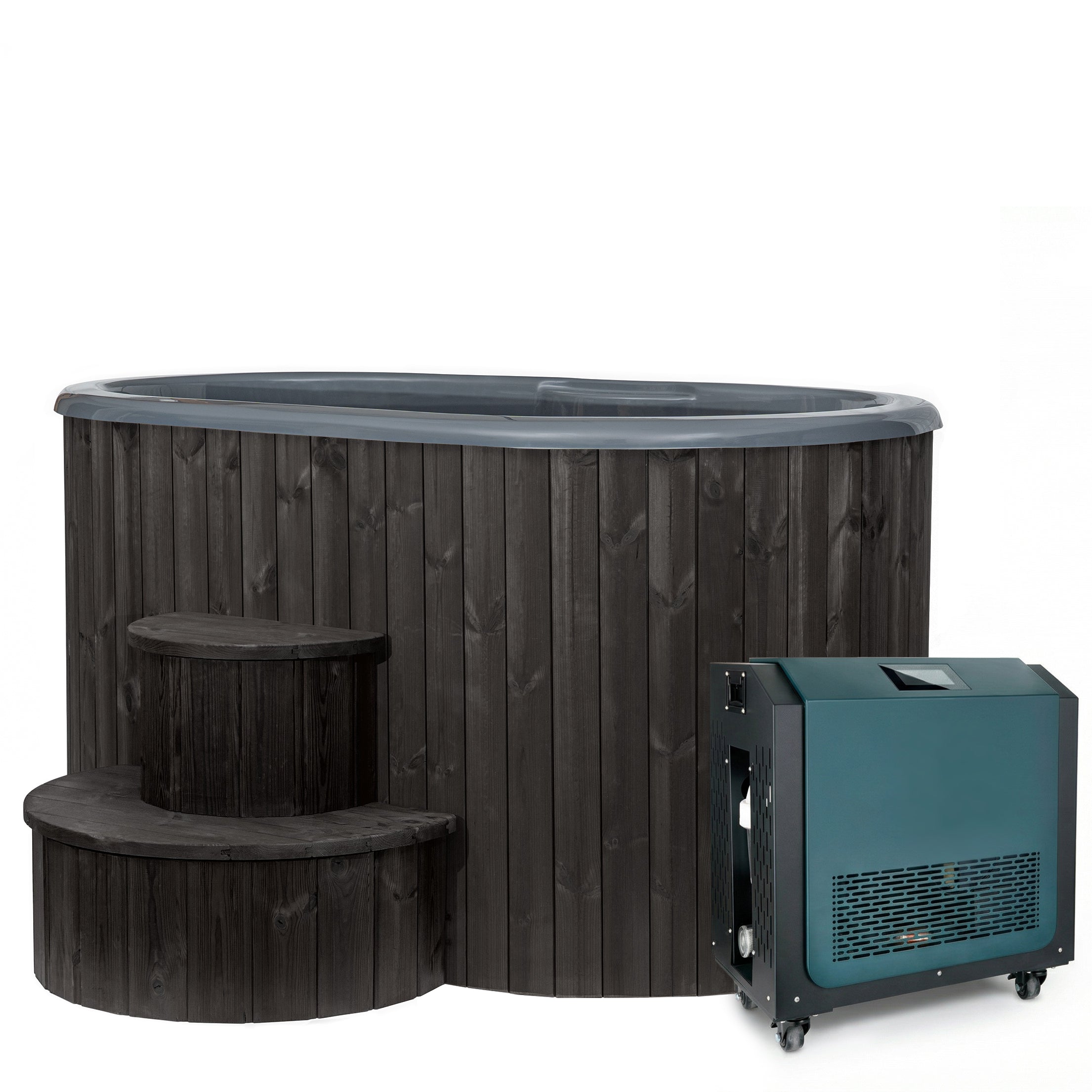 SaunaLife Black Thermo-Pine SaunaLife S2 2-Person Cold Plunge Tub and Chiller Heater Package