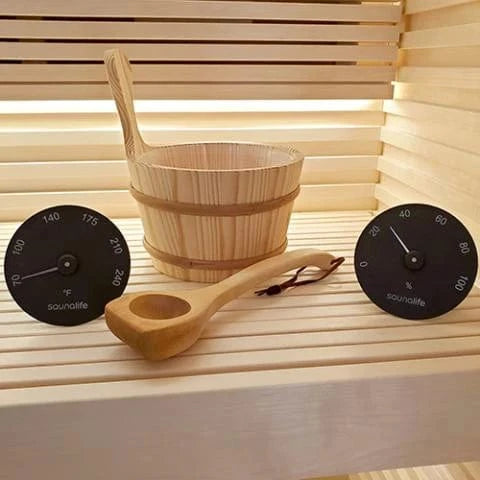 SaunaLife SaunaLife Wooden 1-Gallon Sauna Bucket, Wood Ladle, Thermometer, Hygrometer, Black ACCPKG-3