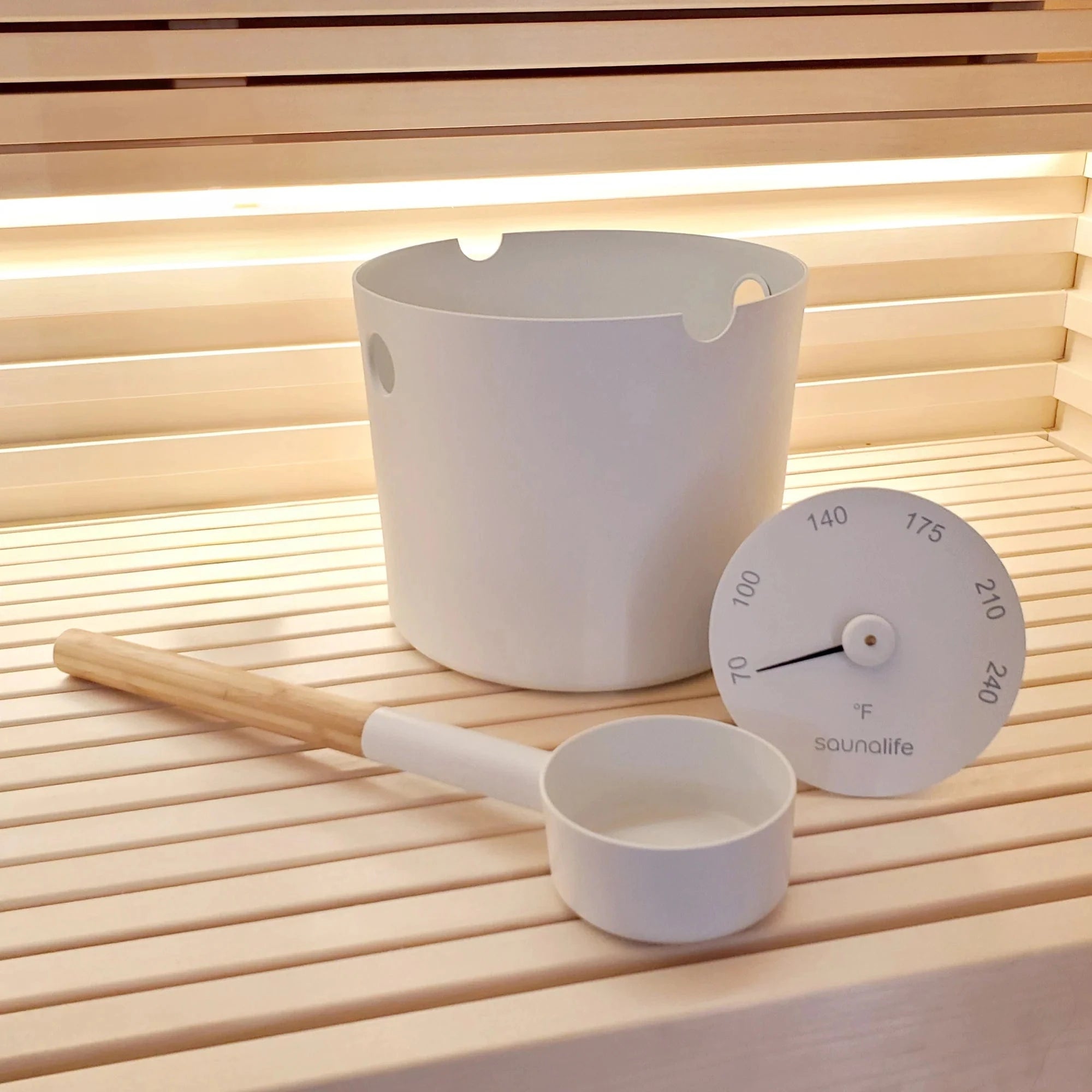 SaunaLife White SaunaLife Accessory Package 6, Aluminum 1-Gallon Sauna Bucket Set with Wood Ladle and Thermometer