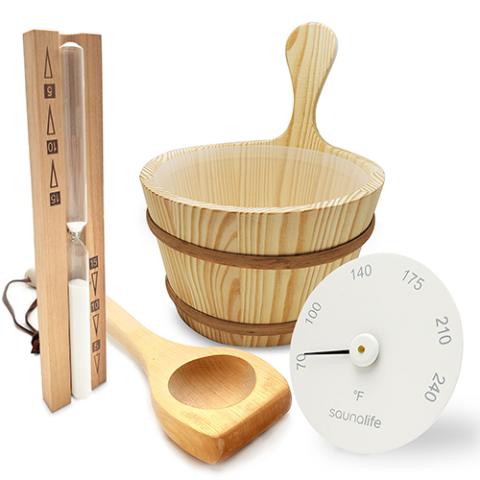 SaunaLife Bucket and Ladle Package 1, Ladle, Timer and Thermometer - Sauna Accessory Package ACCPKG-1