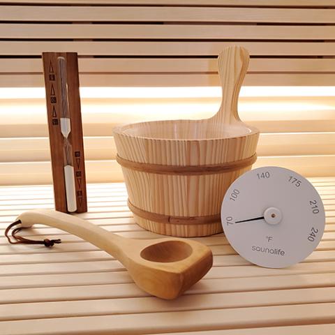 SaunaLife Bucket and Ladle Package 1, Ladle, Timer and Thermometer - Sauna Accessory Package ACCPKG-1