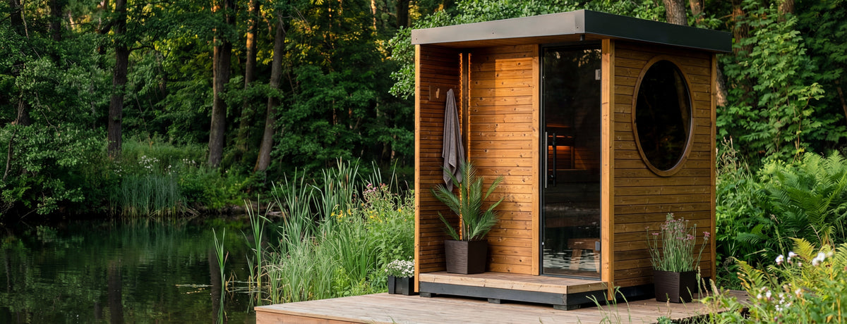 Auroom Kaia outdoor sauna in a lakeside setting