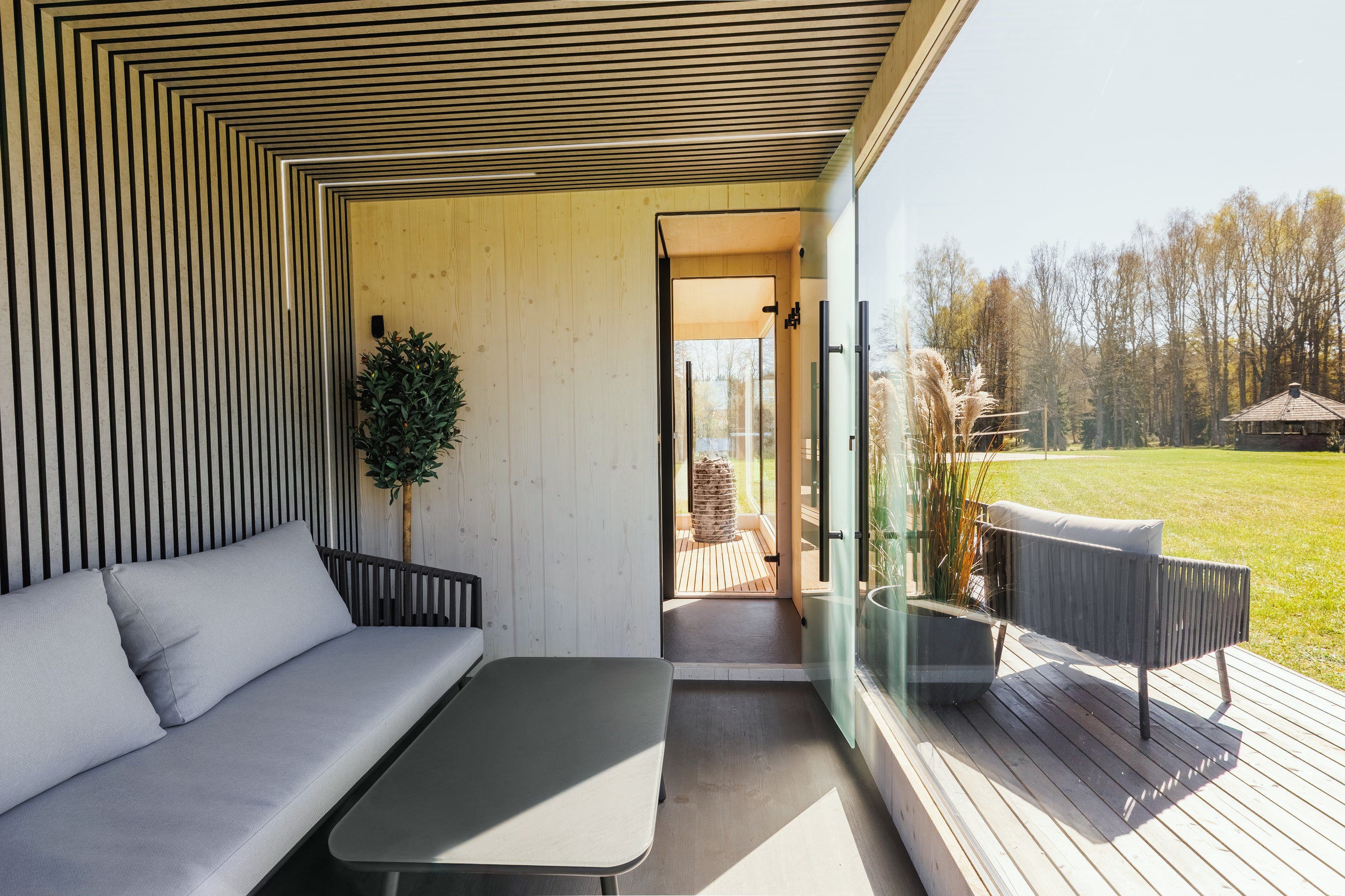 Genevas Sauna Genevas St. Moritz Pre-Assembled Outdoor Sauna with Lounge & Shower Cabin