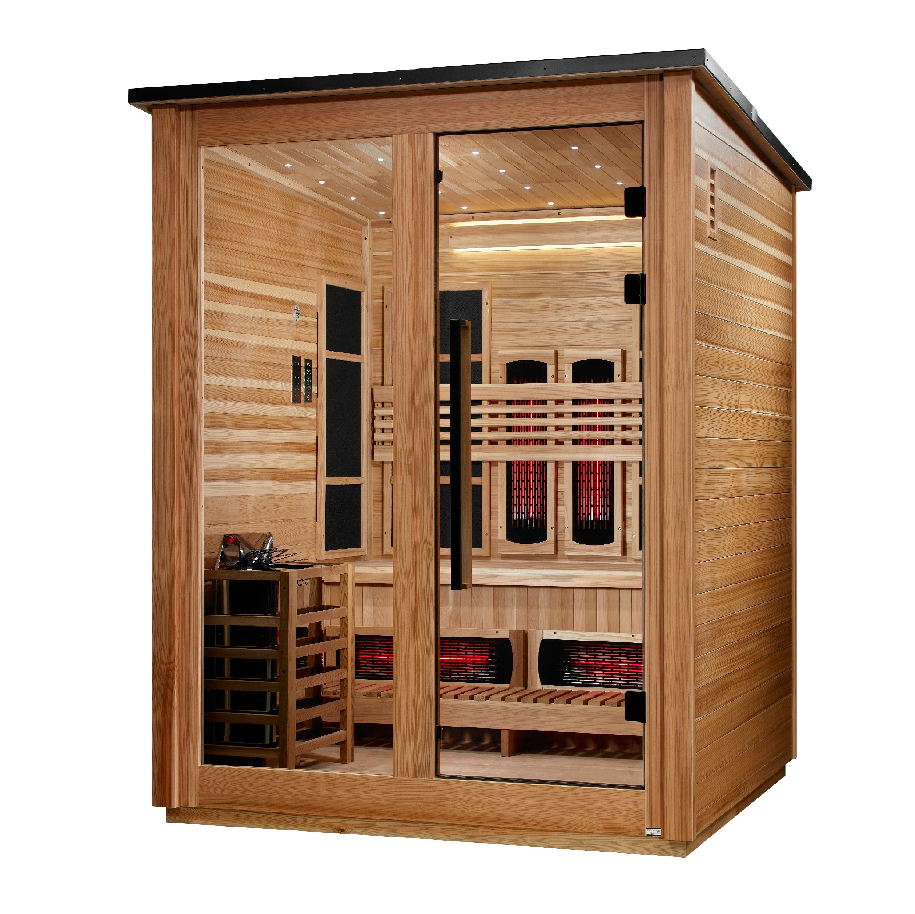 Golden Designs Sauna Harvia 8kW Heater w/ Built in Controls / Flat Roof - Pacific Cedar Golden Designs Loviisa 3 Person Hybrid Outdoor Sauna GDI-8523-01
