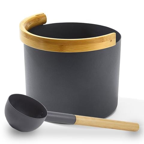 Kolo Black Kolo Sauna Bucket (w/ curved handle) + Ladle Set, Aluminum/Bamboo, 1 Gal