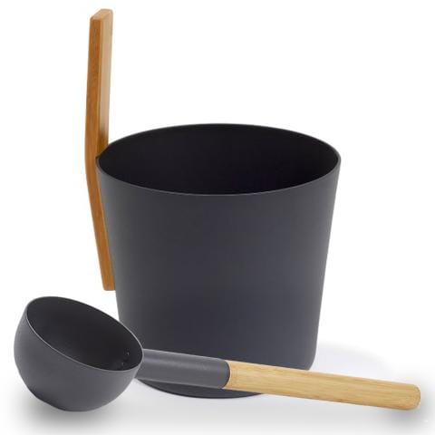 Kolo Black Kolo Sauna Bucket (w/ straight handle) + Ladle Set, Aluminum/Bamboo, 1 Gal