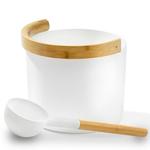 Kolo White Kolo Sauna Bucket (w/ curved handle) + Ladle Set, Aluminum/Bamboo, 1 Gal