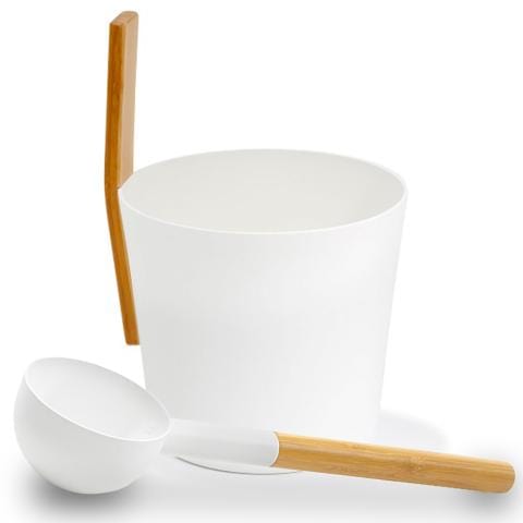 Kolo White Kolo Sauna Bucket (w/ straight handle) + Ladle Set, Aluminum/Bamboo, 1 Gal