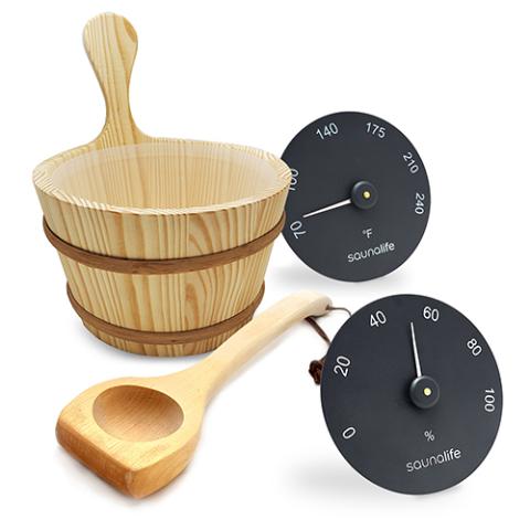 SaunaLife Wooden 1-Gallon Sauna Bucket, Wood Ladle, Thermometer, Hygrometer, Black ACCPKG-3