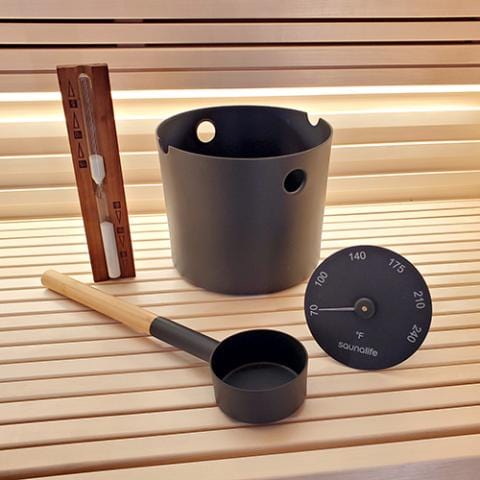 SaunaLife Black SaunaLife Bucket and Ladle Package 2 Timer, Thermometer w/Premium Bucket & Ladle - Sauna Accessory Package
