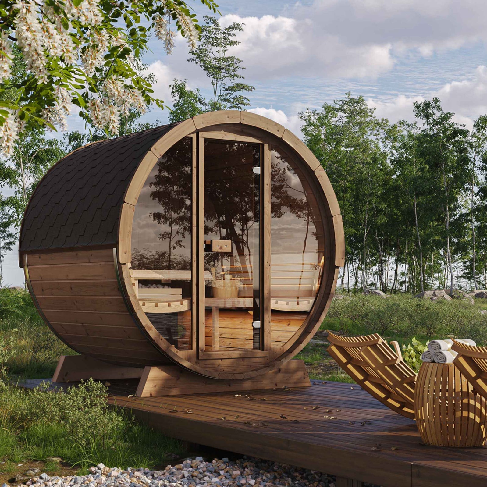 SaunaLife Sauna SaunaLife Model E7G 4 Person Barrel Sauna w/ Glass Front