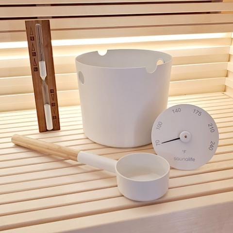 SaunaLife White SaunaLife Bucket and Ladle Package 2 Timer, Thermometer w/Premium Bucket & Ladle - Sauna Accessory Package